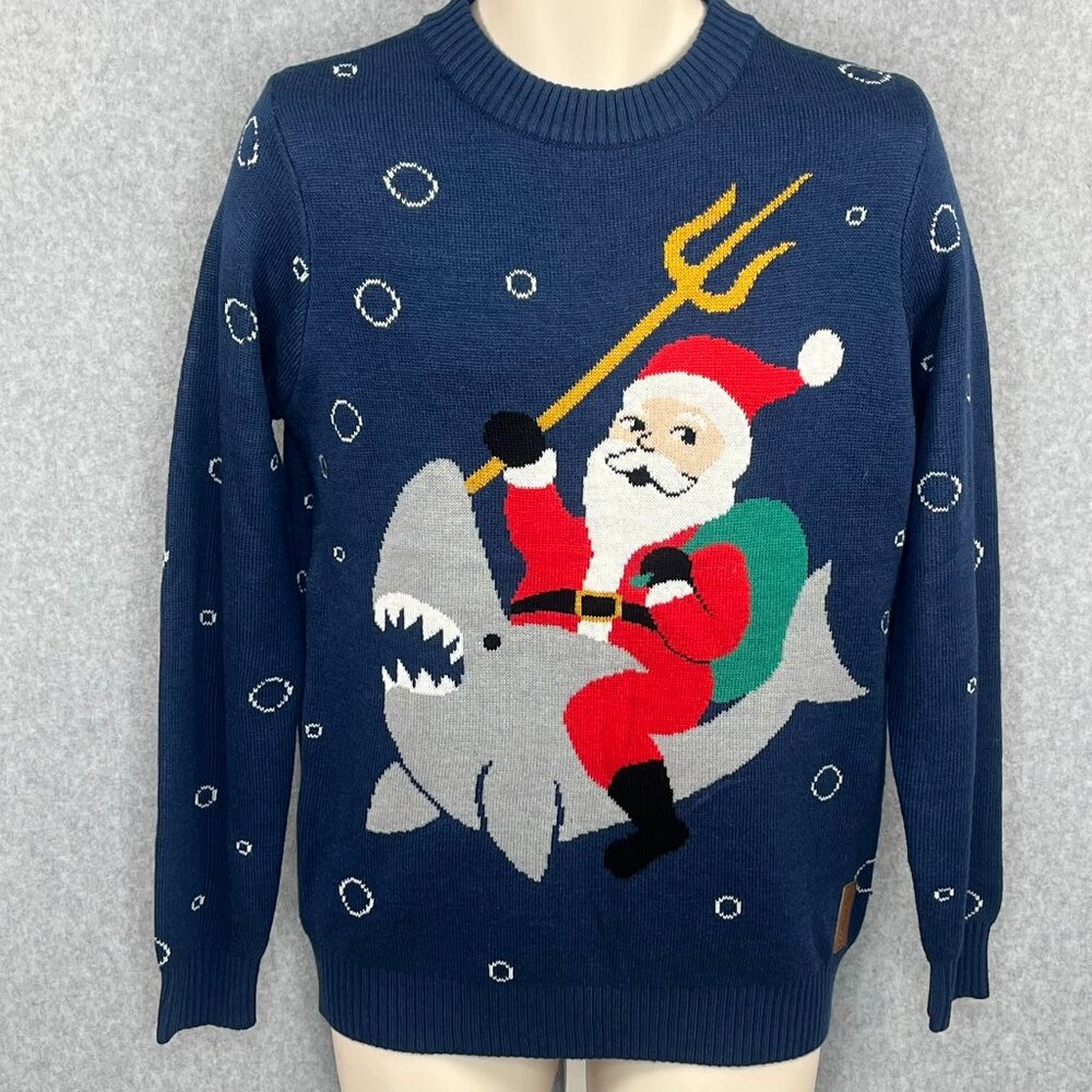 Tipsy Elves Ugly Xmas Sweater Aquaman Santa Riding Shark Size Small Holiday